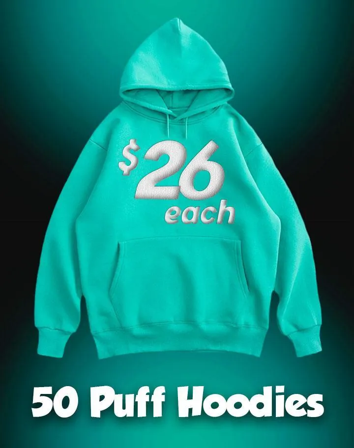 50 1-Color Puff Print Premium Hoodies