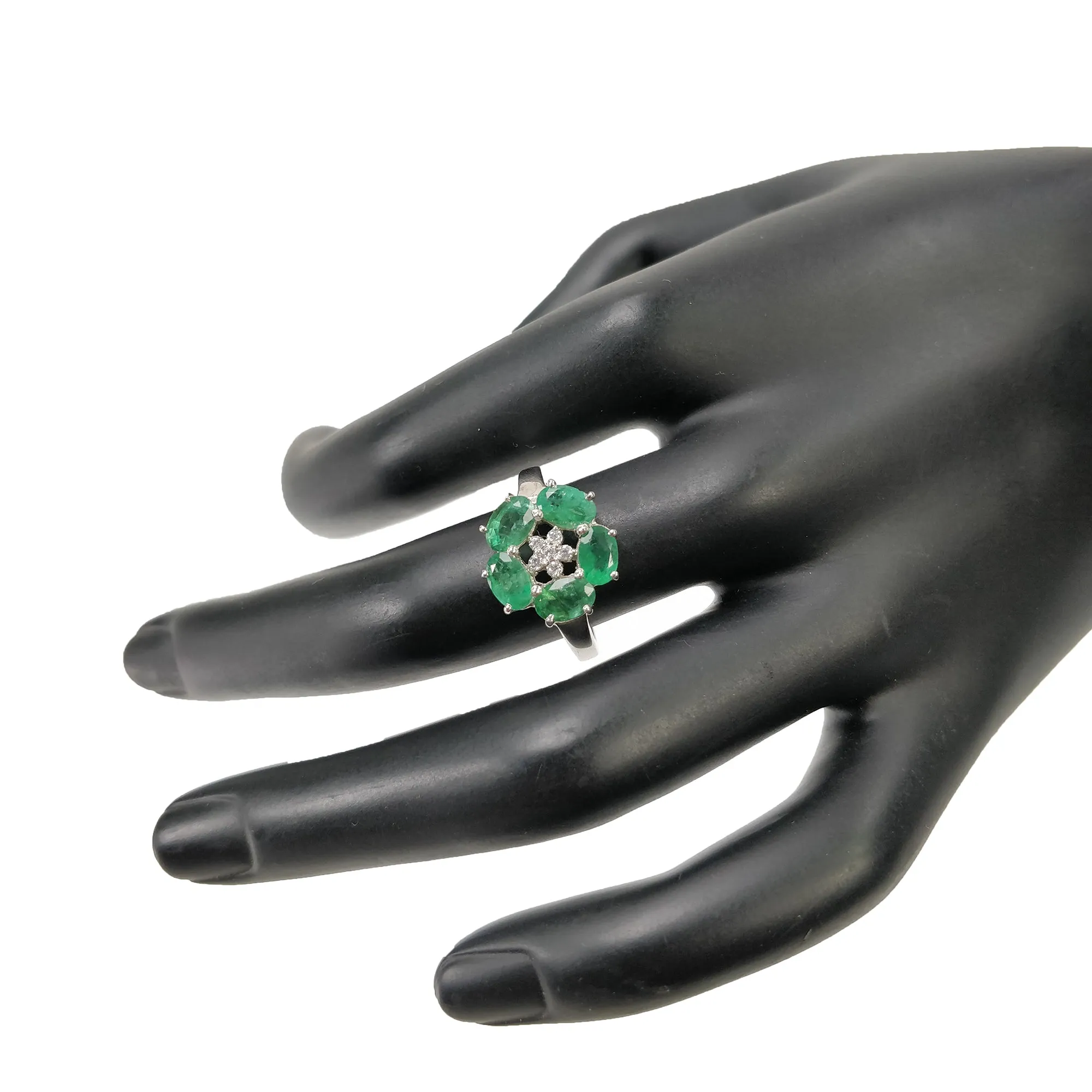 925 Sterling Silver RING : Natural EMERALD Gemstone With CZ Round Normal Cut Prong Set Fine Statement Unisex Ring 7.50US