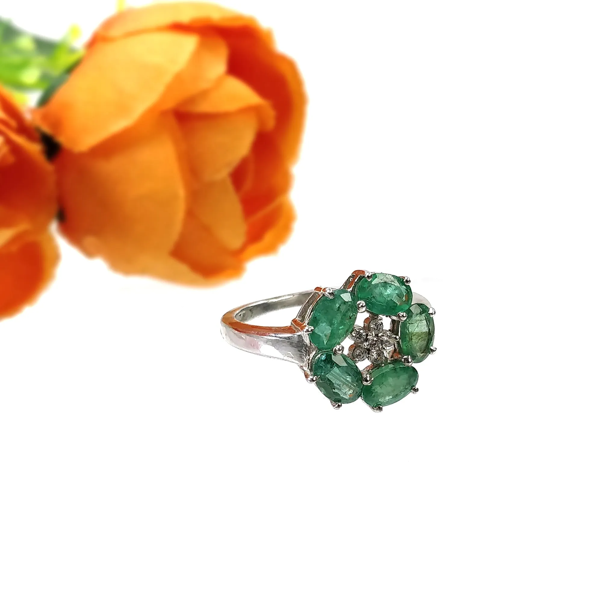 925 Sterling Silver RING : Natural EMERALD Gemstone With CZ Round Normal Cut Prong Set Fine Statement Unisex Ring 7.50US