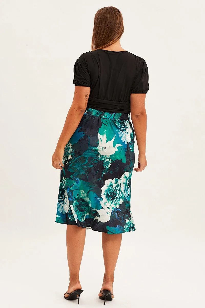 Abstract Print Slip Skirt Midi Satin