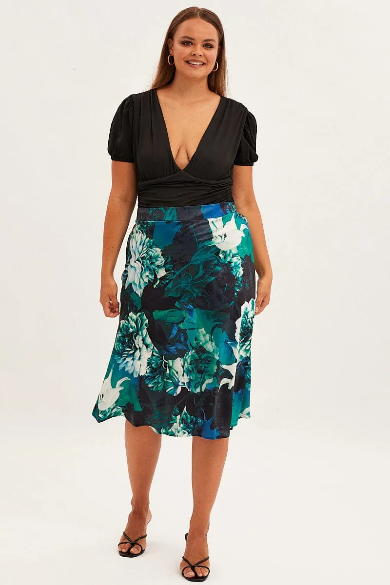 Abstract Print Slip Skirt Midi Satin