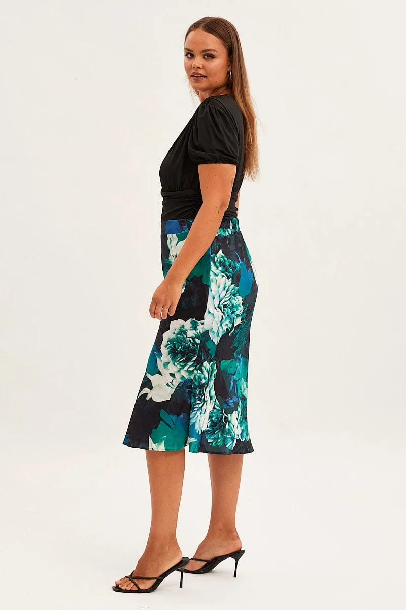 Abstract Print Slip Skirt Midi Satin