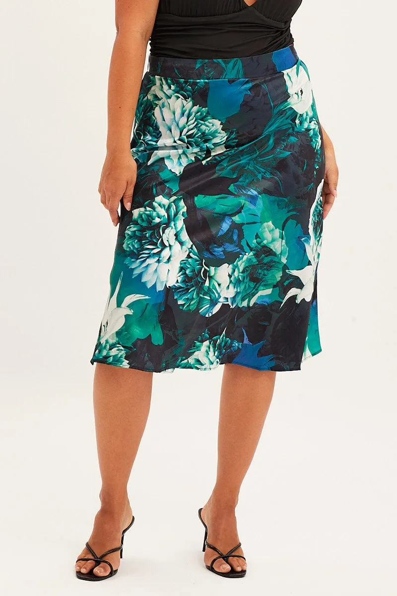 Abstract Print Slip Skirt Midi Satin