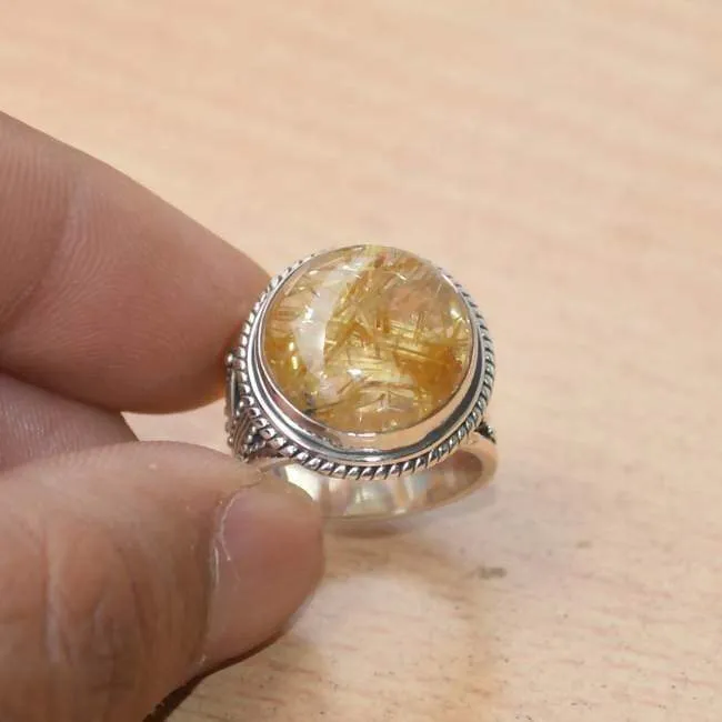 African Golden Yellow Rutile Quartz Ring, Solid 925 Sterling Silver Ring,November Birthstone Ring Jewelry,Nickel Free, Handmade Jewelry