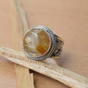 African Golden Yellow Rutile Quartz Ring, Solid 925 Sterling Silver Ring,November Birthstone Ring Jewelry,Nickel Free, Handmade Jewelry