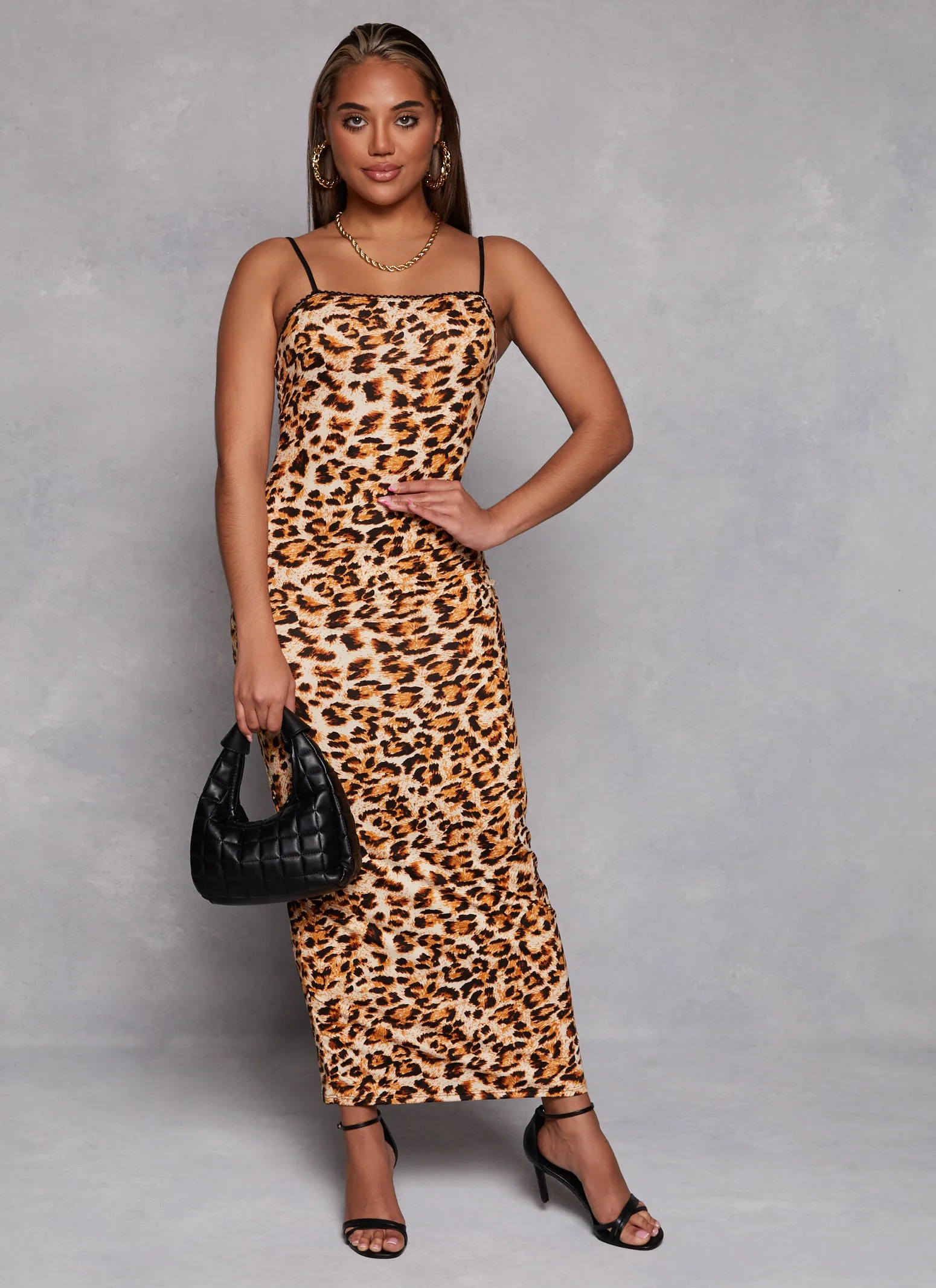 Animal Print Lace Trim Maxi Cami Dress