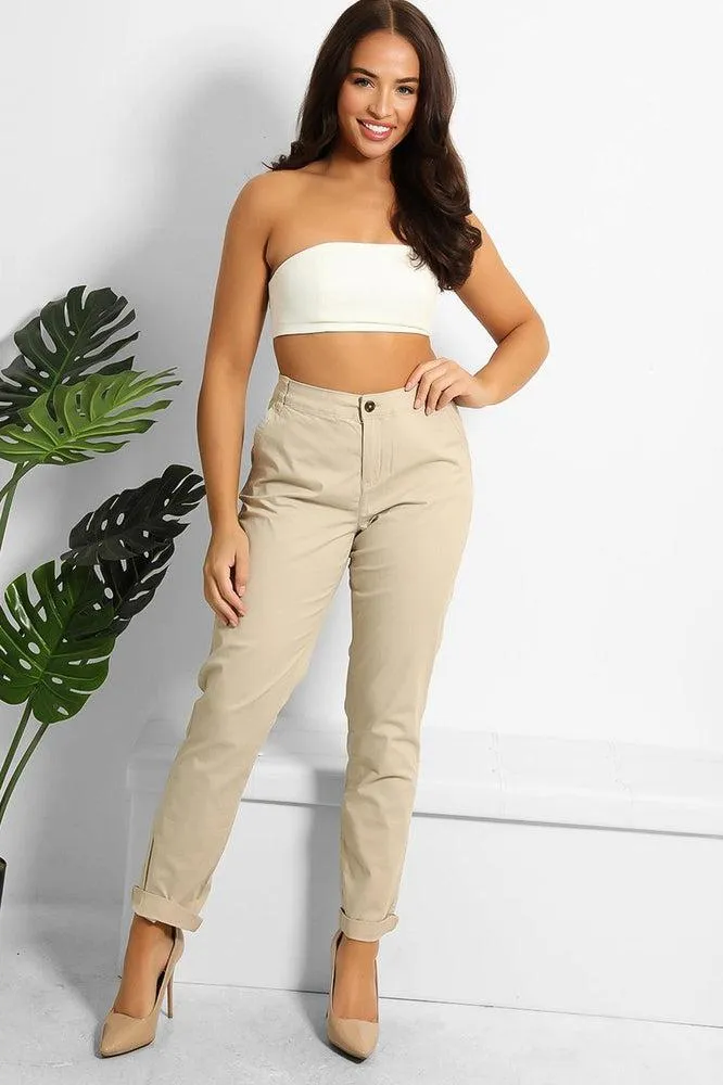 Beige Cotton Blend Rolled Up Hem Slacks