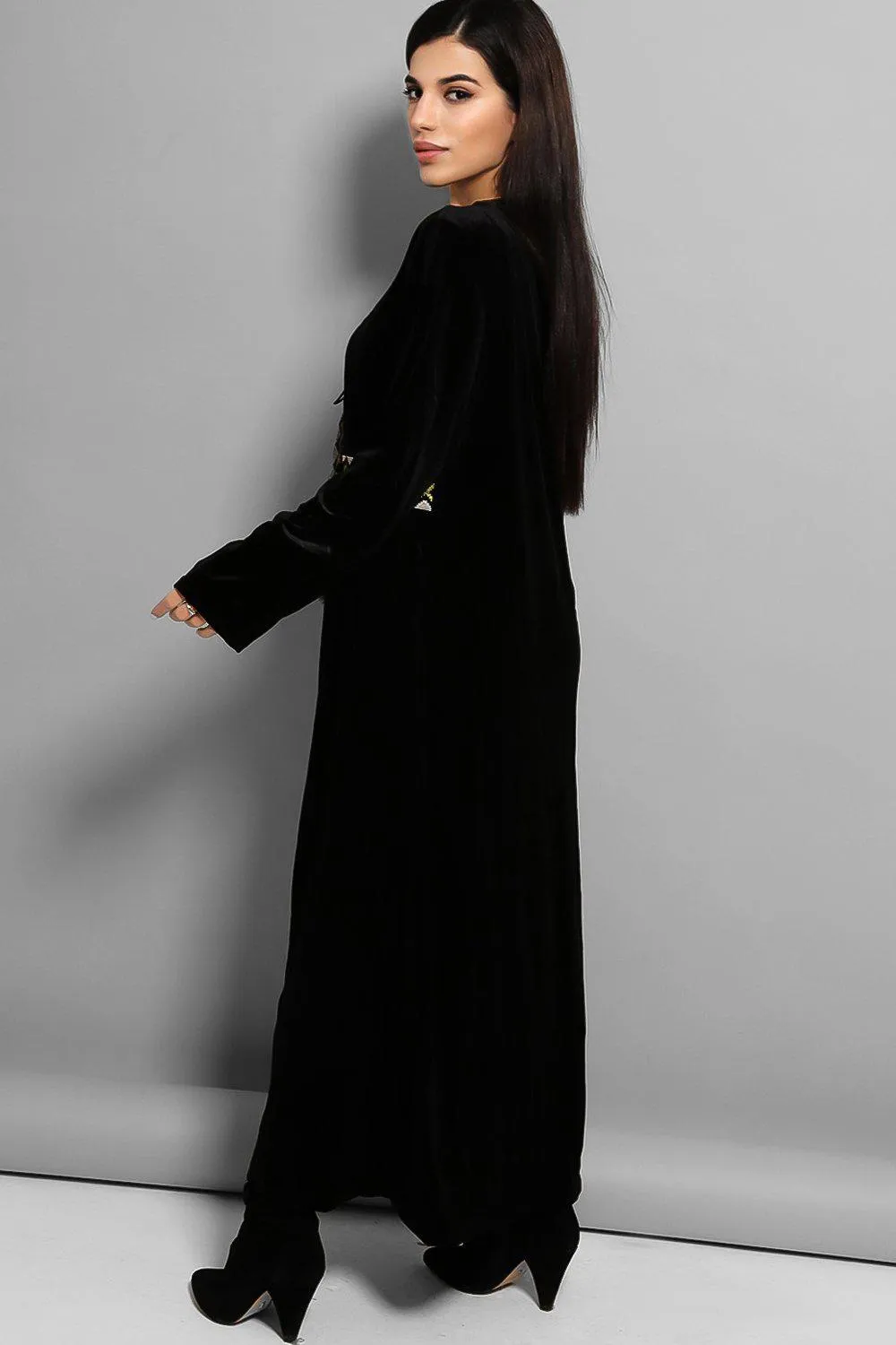 Black Embroidered Panel Velvet Kaftan