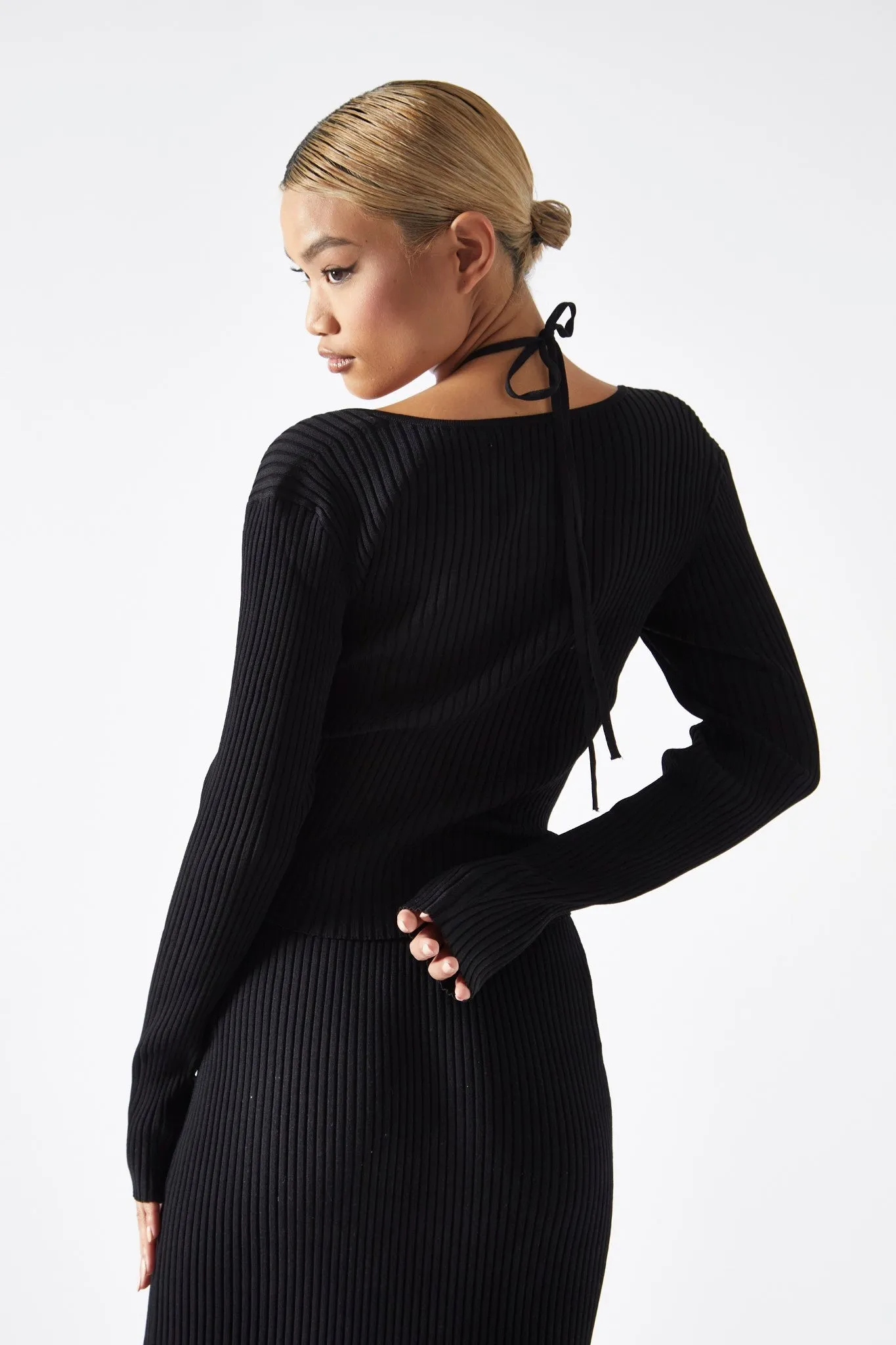 Black Long-Sleeve Halterneck Top