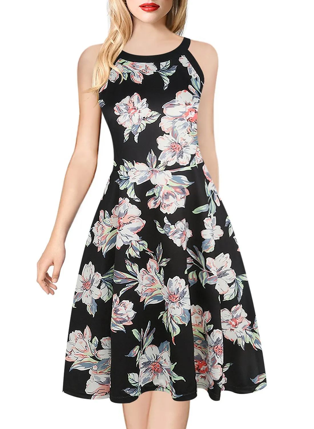 Black-Trim All-Over Print Sleeveless Dress