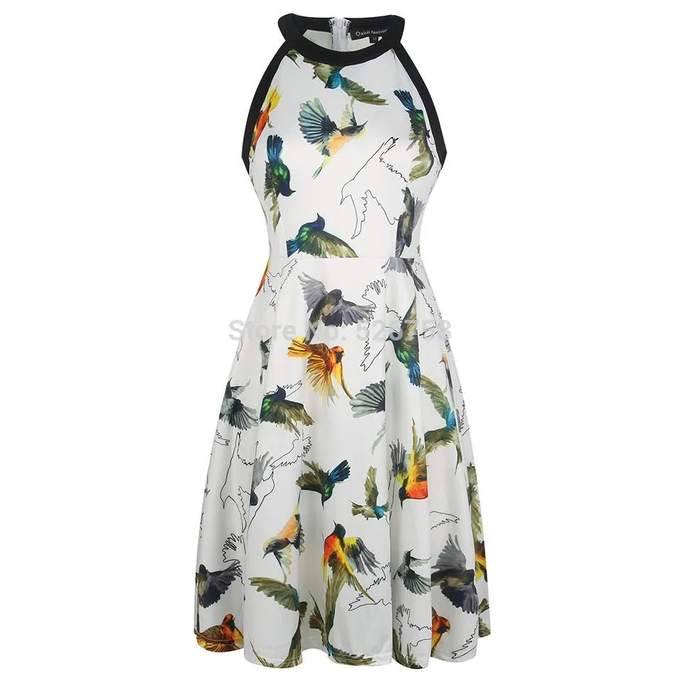 Black-Trim All-Over Print Sleeveless Dress