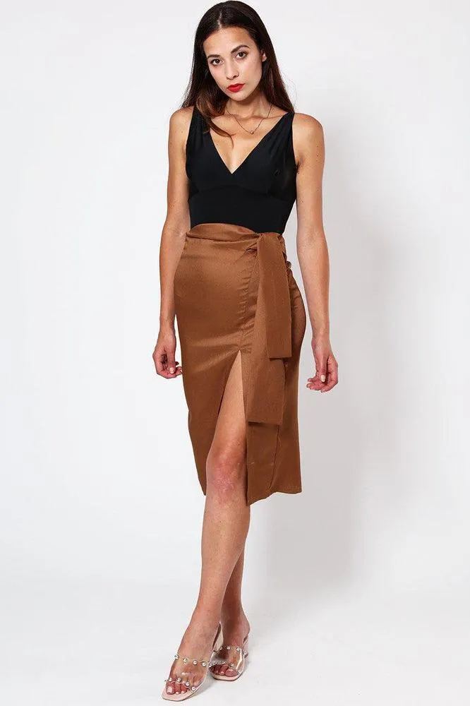 Brown Belted Slit Pencil Skirt