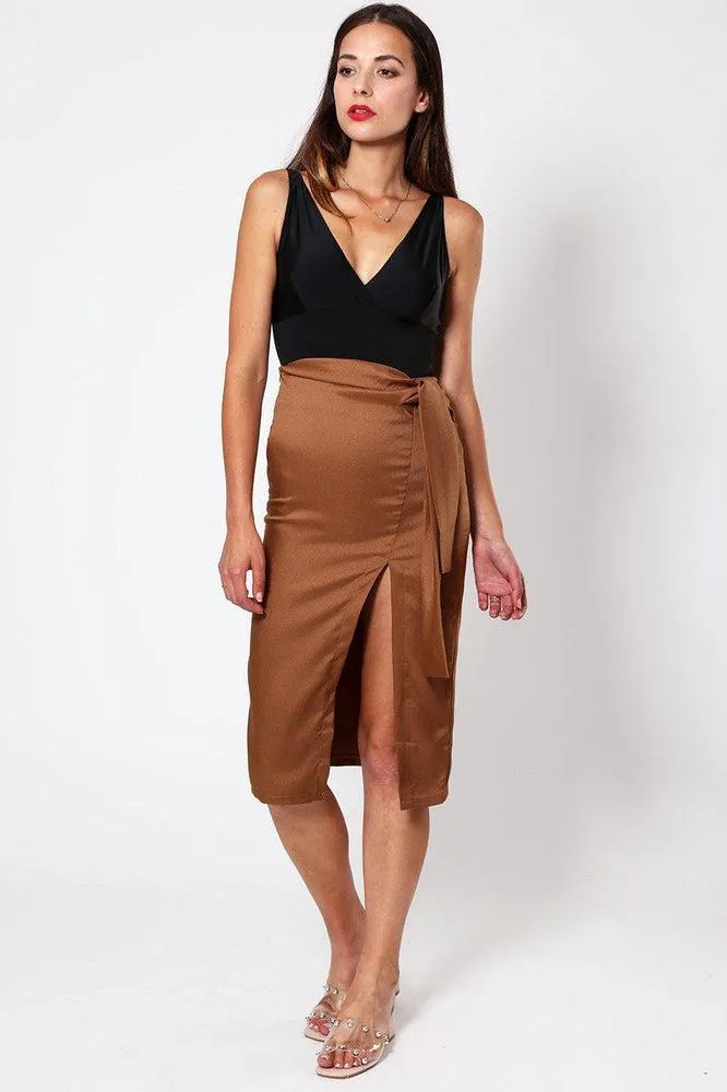 Brown Belted Slit Pencil Skirt