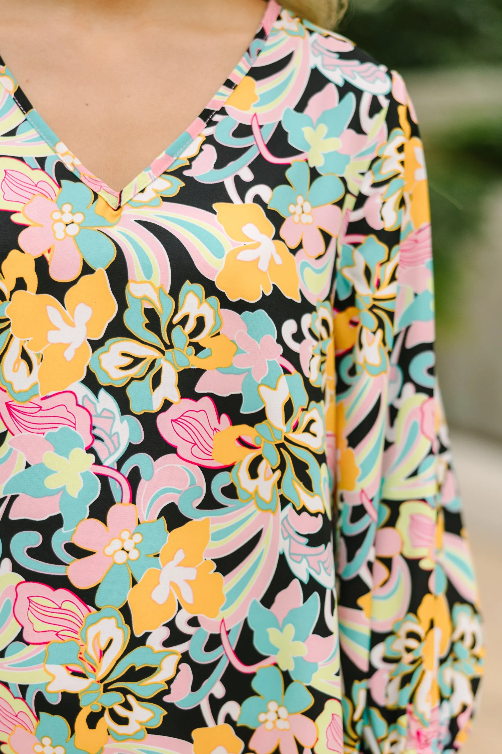 Clear Love Black Floral Bubble Sleeve Dress