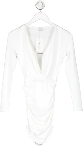 confexy White Long Sleeve Mini Dress With Deep Neck Plunge And Gold Bar Detail UK 6