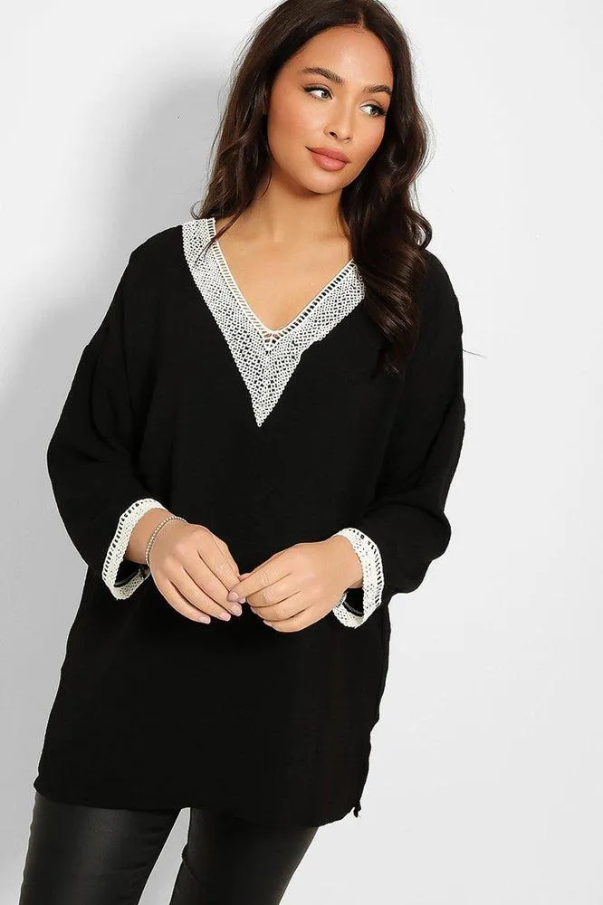 Crochet Lace V-Neck Detail Lazy Fit Blouse