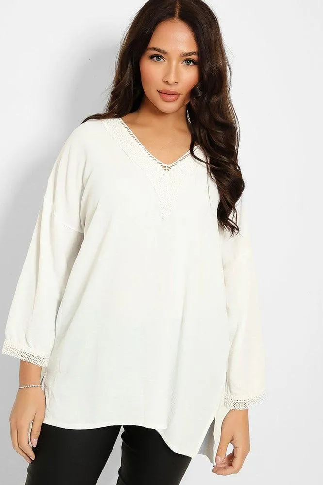 Crochet Lace V-Neck Detail Lazy Fit Blouse