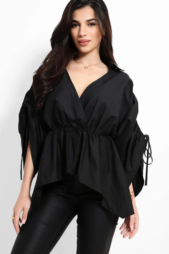 Exaggerated Drawstring Sleeves Peplum Blouse