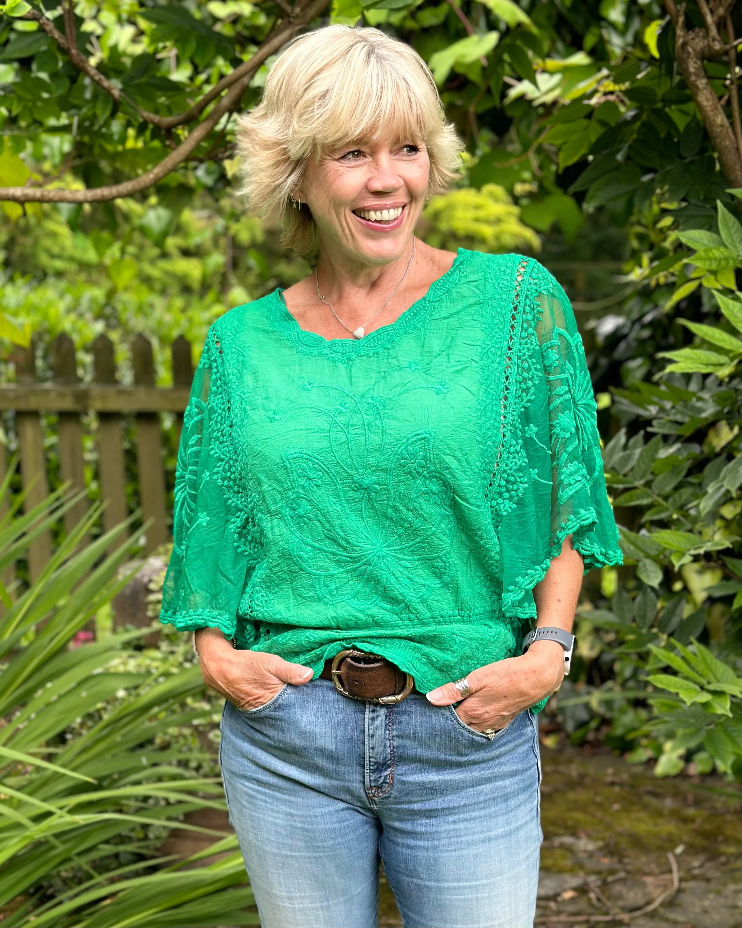 Floral Lace Butterfly Sleeve Top - Jade