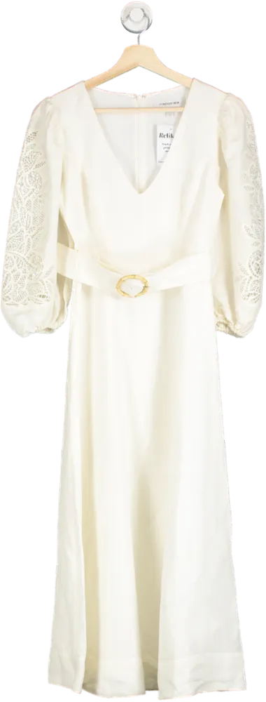 FOREVER NEW Cream Linen Blend Lace Sleeve Midi Dress UK 6