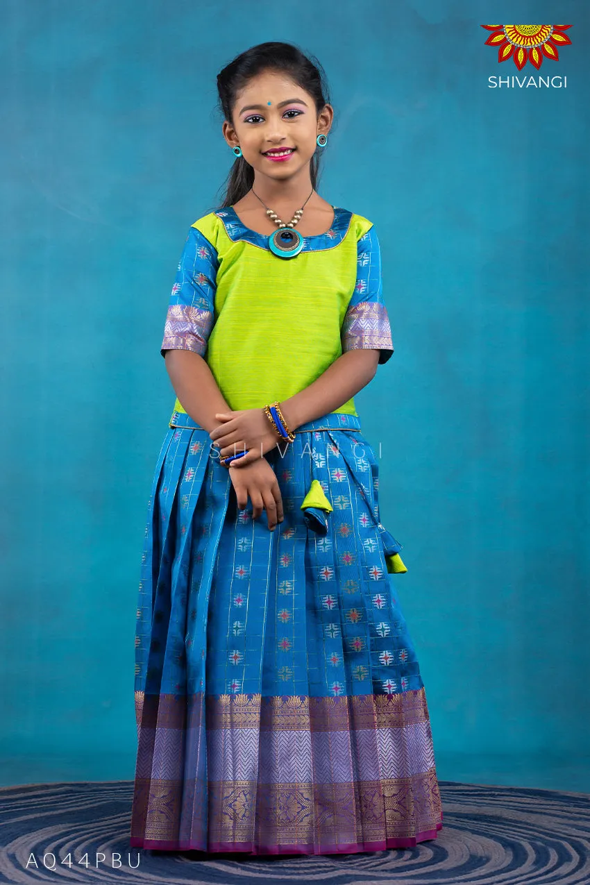 Girls Blue checks golden lotus Pattu Pavadai