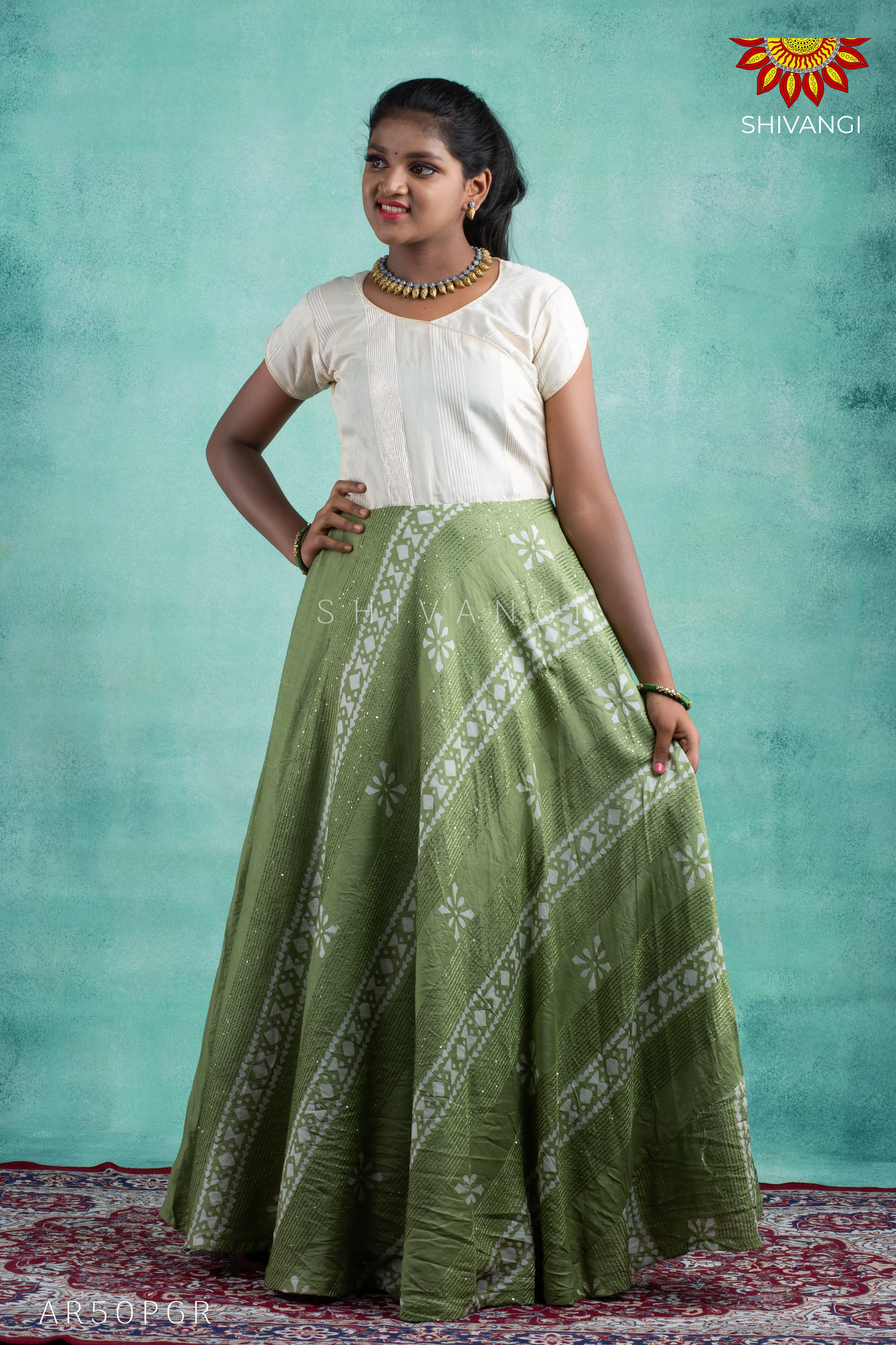 Girls Green Shibori Sequence Long Gown!!!