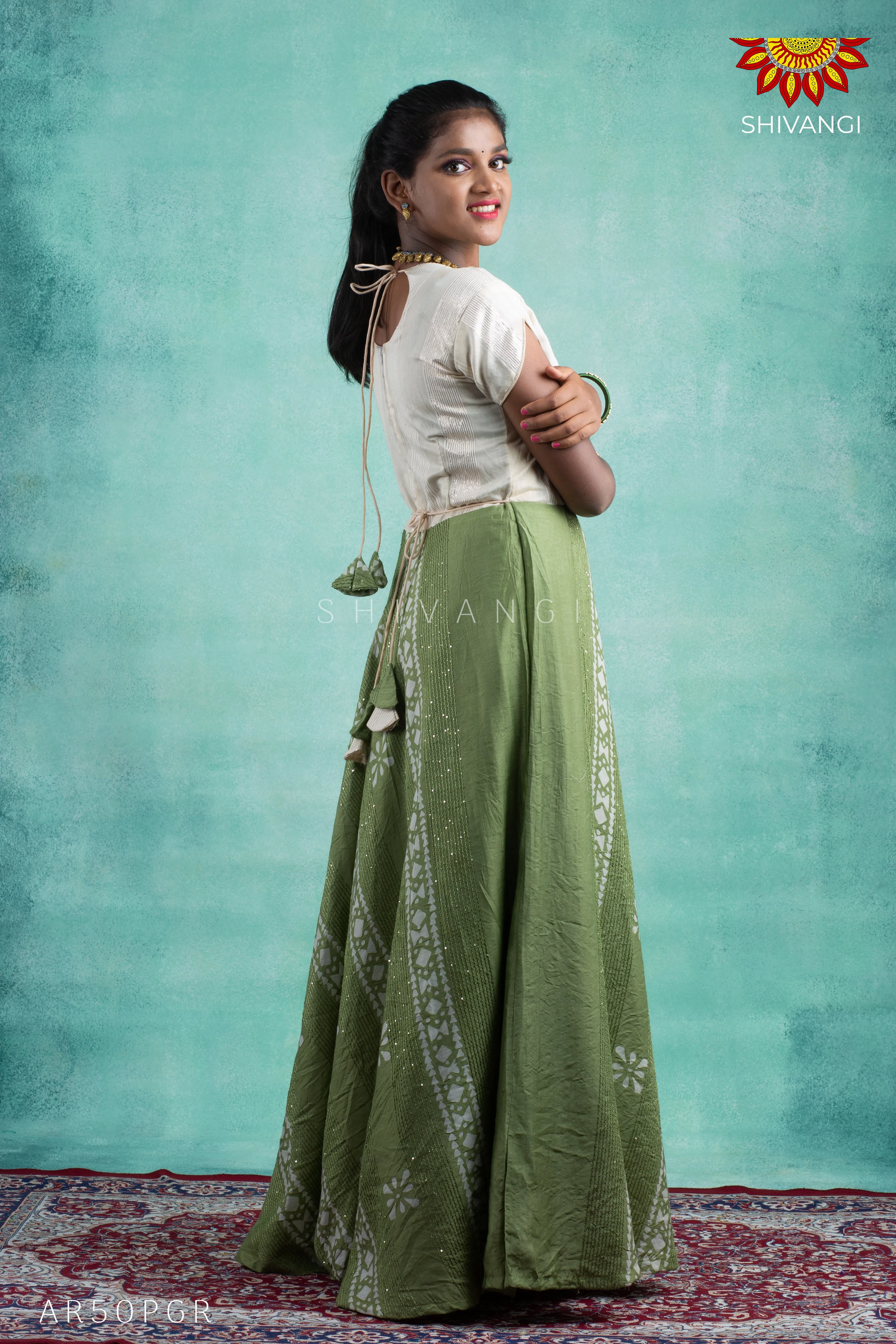 Girls Green Shibori Sequence Long Gown!!!