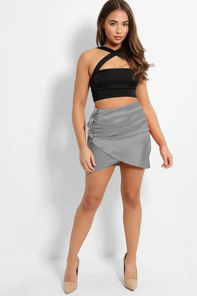 Grey Silver Satin Gathered To Side Mini Skirt