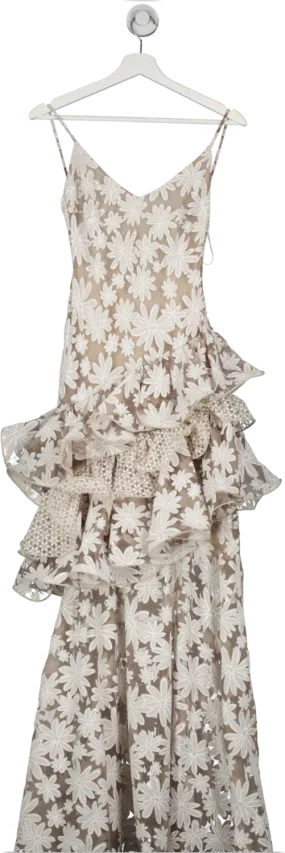 Gul Hurgel Beige Tiered Skirt Floral Maxi Dress UK XS