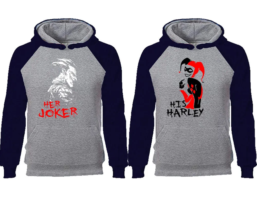 Her Joker and His Harley Couple Matching Raglan Hoodies,Design Contrast Hoodies