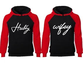 Hubby and Wifey Couple Matching Raglan Hoodies,Design Contrast Hoodies