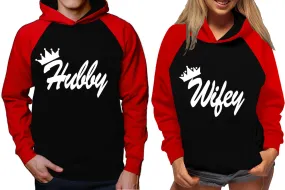 Hubby Wifey Couple Matching Hoodies, Matching Contrast Raglan Hoodies