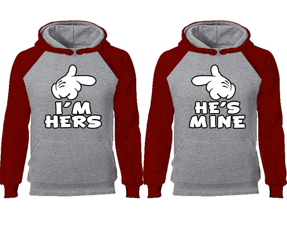 I'm Hers and He's Mine Couple Matching Raglan Hoodies,Design Contrast Hoodies