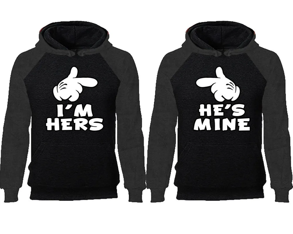 I'm Hers and He's Mine Couple Matching Raglan Hoodies,Design Contrast Hoodies