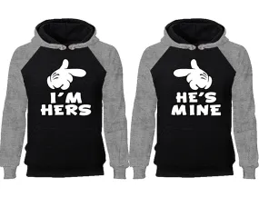 I'm Hers and He's Mine Couple Matching Raglan Hoodies,Design Contrast Hoodies