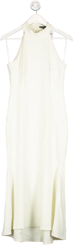 Karen Millen Cream Compact Stretch Waterfall Hem High Neck Midi Dress UK 8