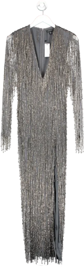 Karen Millen Grey Embellished Fringe Plunge Neck Maxi Dress UK 12