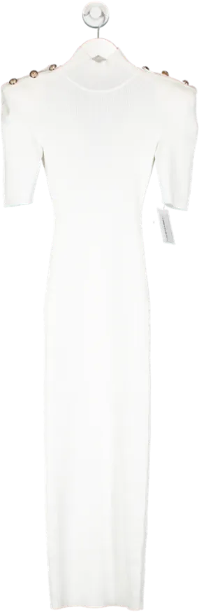 Karen Millen White Petite Viscose Blend Rib Knit Power Shoulder Military Trim Maxi Dress UK XS