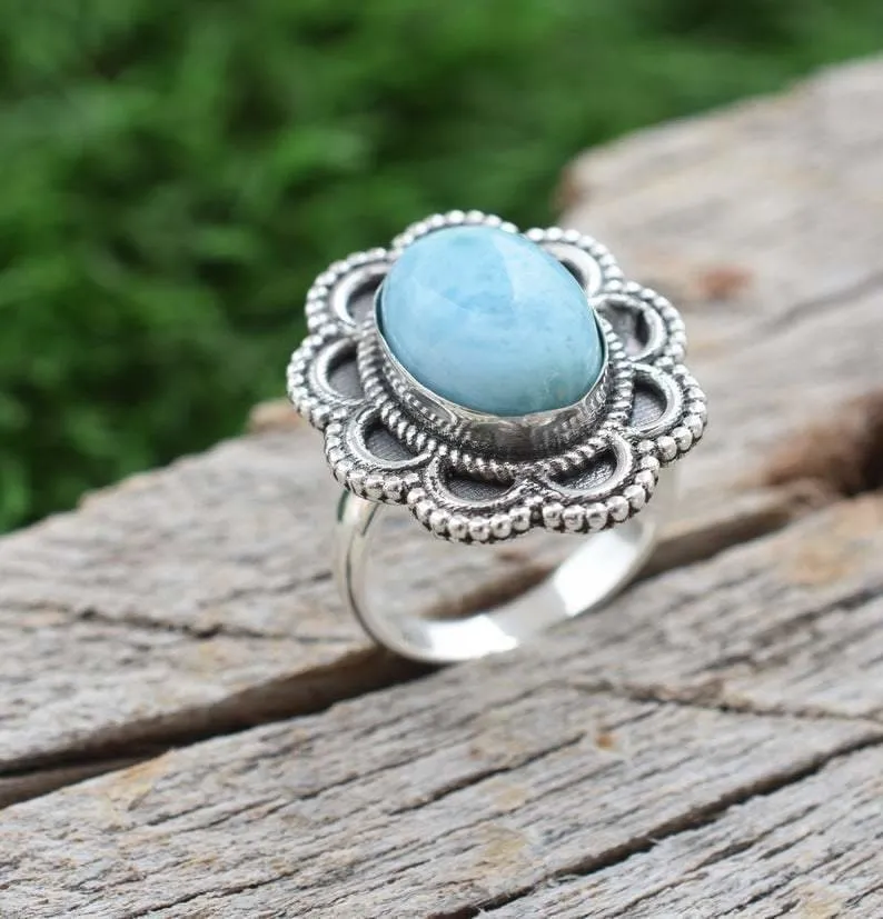 Larimar 925 Sterling Silver Statement Ring, Handcrafted Jewelry, For Her