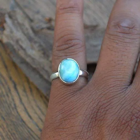 Larimar Gemstone Ring -Dominican Larimar Ring -925 Sterling Silver and Larimar Ring -Genuine Larimar -Oval Cab Larimar Bezel Ring Jewelry, Dominican Larimar Jewelry, Nickel Free