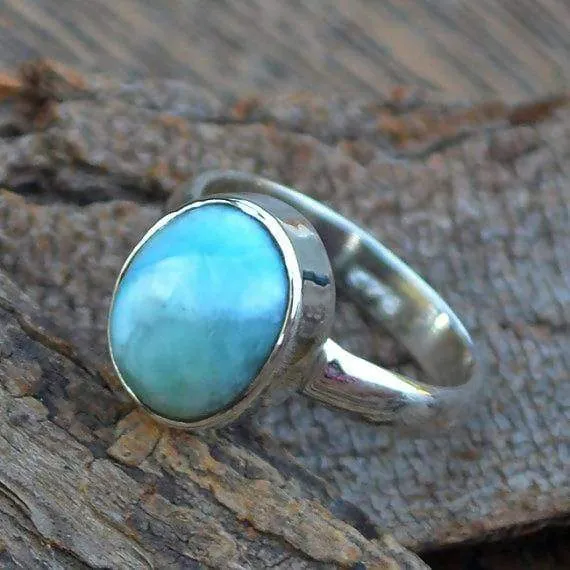 Larimar Gemstone Ring -Dominican Larimar Ring -925 Sterling Silver and Larimar Ring -Genuine Larimar -Oval Cab Larimar Bezel Ring Jewelry, Dominican Larimar Jewelry, Nickel Free