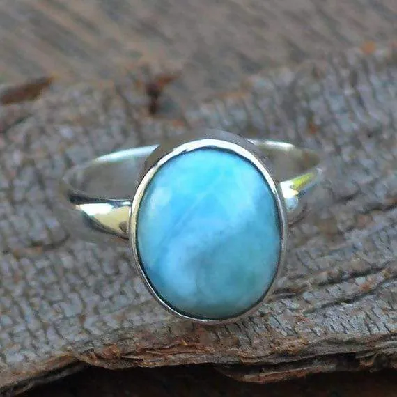 Larimar Gemstone Ring -Dominican Larimar Ring -925 Sterling Silver and Larimar Ring -Genuine Larimar -Oval Cab Larimar Bezel Ring Jewelry, Dominican Larimar Jewelry, Nickel Free