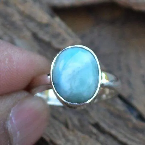 Larimar Gemstone Ring -Dominican Larimar Ring -925 Sterling Silver and Larimar Ring -Genuine Larimar -Oval Cab Larimar Bezel Ring Jewelry, Dominican Larimar Jewelry, Nickel Free