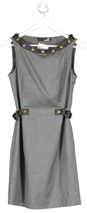 Love Moschino Grey Wool Blend Leather Trimmed Stud Detail Mini Dress UK 10