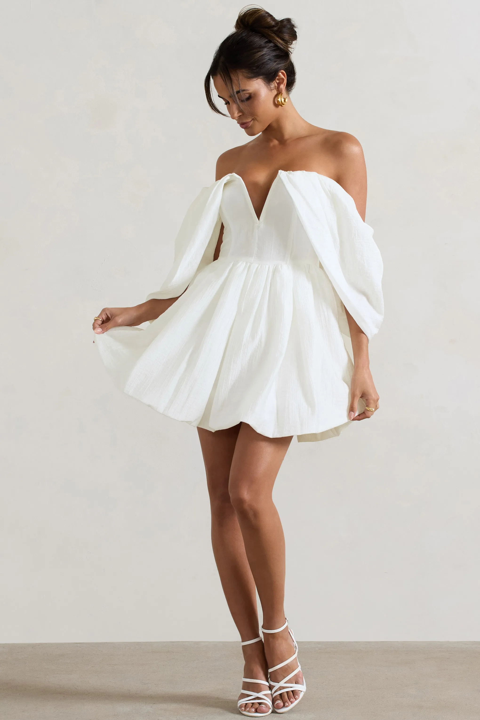 Marbella | Ecru Draped Bardot Skater Mini Dress