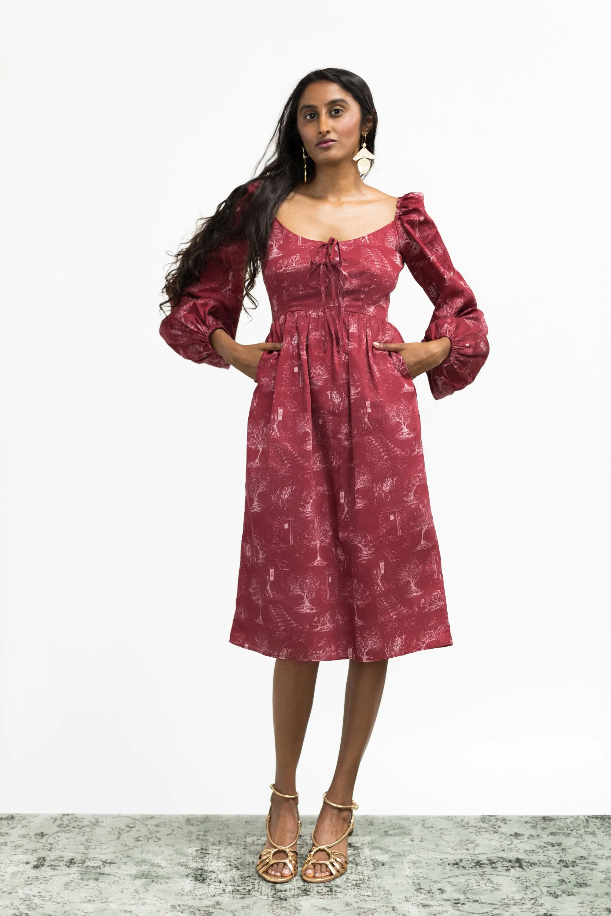 Marcela Dress / Ruby Red   Alabaster Cotton Toile