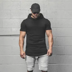 Mens Bodybuilding Hoodies - Gyms Hooded Short Sleeve Fitness Clothing