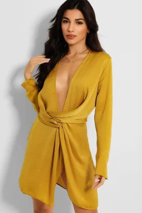 Mustard Crushed Satin Plunge Neckline Twist Front Mini Dress