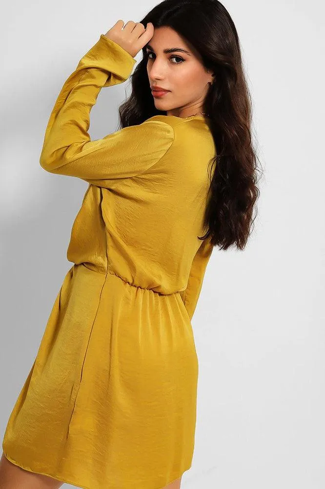 Mustard Crushed Satin Plunge Neckline Twist Front Mini Dress