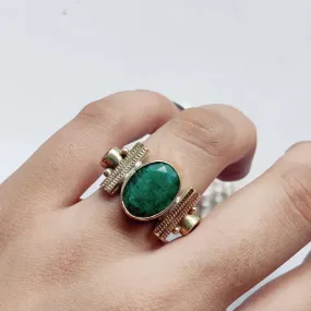 Natural Emerald and Garnet Solid 925 Sterling Silver Ring, Silver Engraved Leaves, For Women, Handmade Jewelry, Gift for Her